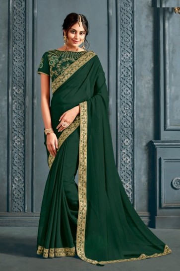 Chiffon Fabric Embroidered Designer Mehendi Green Lovely Saree With Silk Blouse