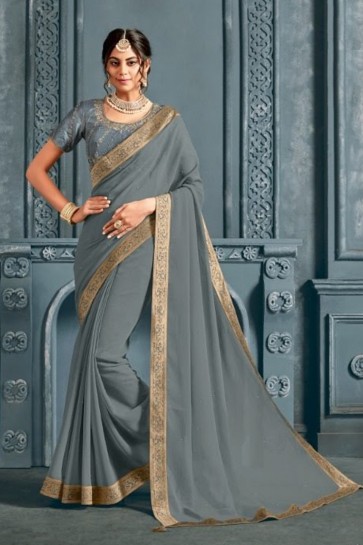 Embroidered Grey Chiffon Fabric Saree With Silk Blouse