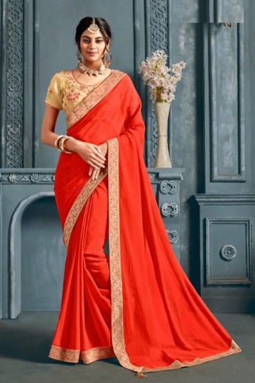 Orange Chiffon Fabric Embroidered Designer Saree With Silk Blouse