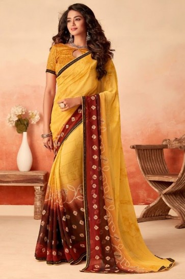 Stunning Yellow Chiffon Fabric Designer Printed Saree With Silk Blouse