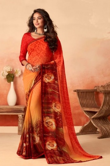 Red And Orange Chiffon Fabric Printed Designer Saree With Silk Blouse