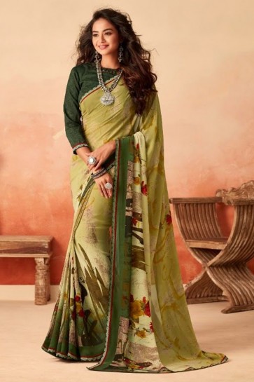 Green Chiffon Fabric Printed Designer Saree With Silk Blouse