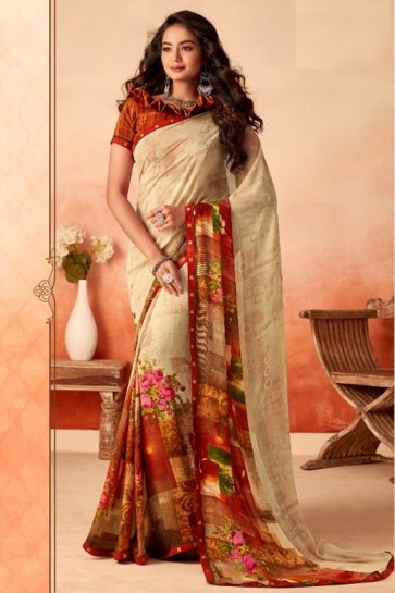 Chiffon Fabric Cream Printed Designer Saree With Silk Blouse
