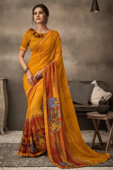 Stunning Yellow Chiffon Fabric Designer Printed Saree And Blouse
