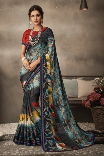 Optimum Printed Multi Color Chiffon Fabric Designer Saree And Blouse