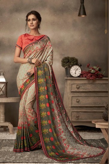 Chiffon Fabric Multi Color Printed Designer Saree And Blouse