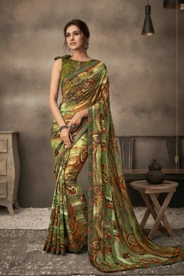Printed Multi Color Chiffon Fabric Saree And Blouse