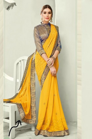 Chiffon Fabric Border Work Designer Yellow Lovely Saree And Blouse