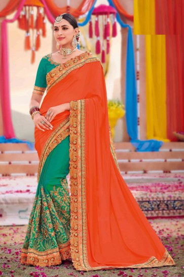 Weaving Work And Embroidered Orange And Sea Green Silk And Satin Fabric Saree And Blouse