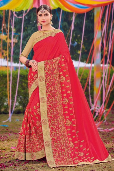 Pink Silk And Satin Fabric Weaving Work And Embroidered Designer Saree And Blouse