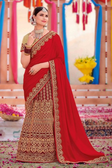 Weaving Work And Embroidered Red Silk And Satin Fabric Saree And Blouse