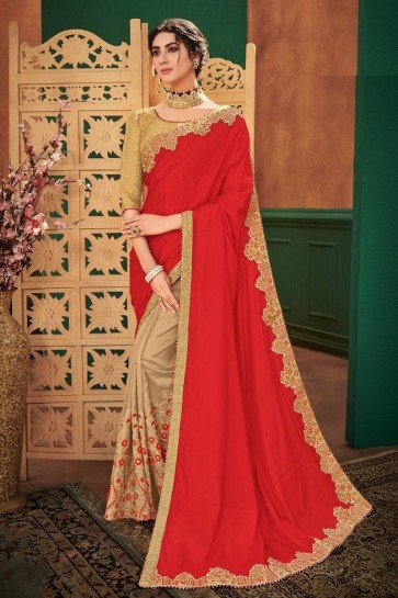 Net Fabric Red And Cream Embroidered Designer Saree And Blouse