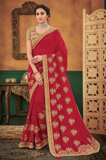 Maroon Net Fabric Embroidered Designer Saree And Blouse