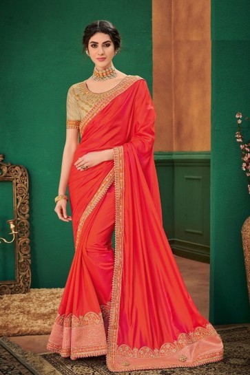 Net Fabric Peach Embroidered Designer Saree And Blouse