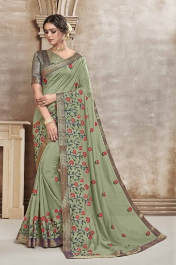 Green Silk Fabric Embroidered Designer Saree And Blouse