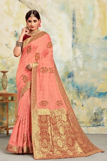 Silk Fabric Jacquard Work Designer Baby Pink Lovely Saree And Blouse