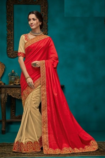 Border Work And Embroidery Red And Beige Georgette And Silk Fabric Saree And Blouse