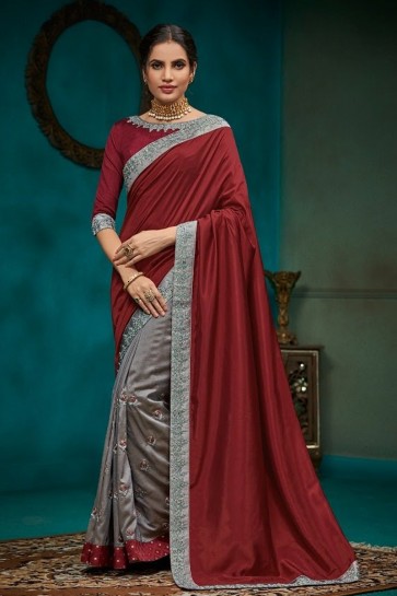 Coffee And Silver Georgette And Silk Fabric Border Work And Embroidery Designer Saree And Blouse
