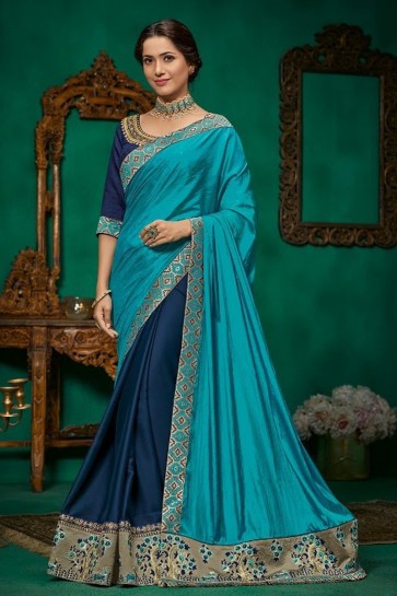 Georgette And Silk Fabric Border Work And Embroidery Designer Blue And Sky Blue Lovely Saree And Blouse