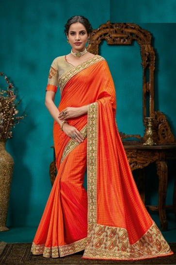 Orange Georgette And Silk Fabric Border Work And Embroidery Designer Saree And Blouse