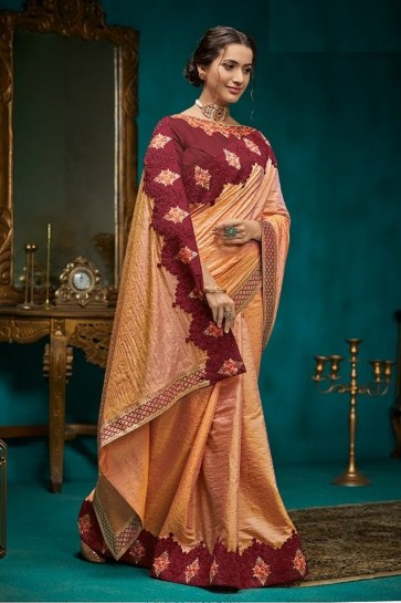 Border Work And Embroidery Peach Georgette And Silk Fabric Saree And Blouse
