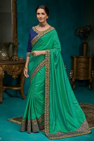 Georgette And Silk Fabric Border Work And Embroidery Designer Sea Green Lovely Saree And Blouse