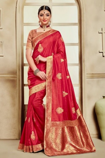 Stunning Red Silk Fabric Weaving Work And Jacquard Work Saree And Blouse