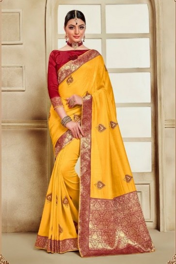 Yellow Silk Fabric Weaving Work And Jacquard Work Saree And Blouse