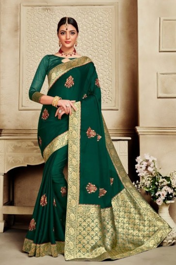 Weaving Work And Jacquard Work Designer Green Silk Fabric Saree And Blouse