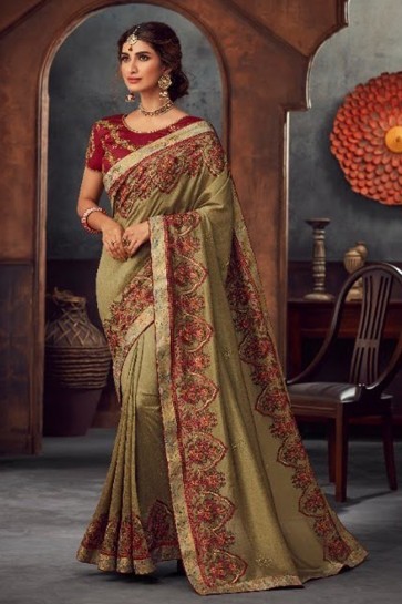 Stone Work and Embroidered Khaki Silk Fabric Saree And Blouse