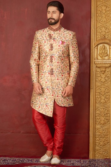 Embroidered Beige Banarasi Silk Designer Indo Western