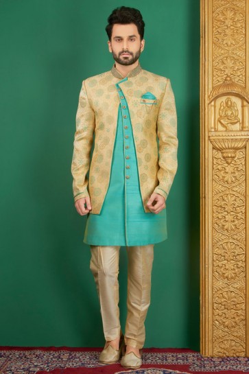 Turquoise Jacquard, Silk and Brocade Designer Embroidered Indo Western