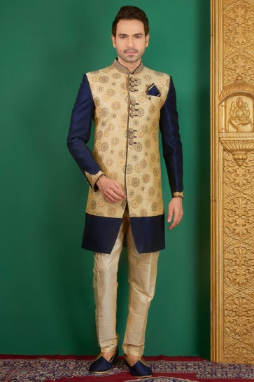 Classic Navy Blue Jacquard, Silk and Brocade Designer Embroidered Indo Western