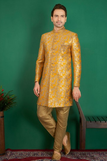 Stylish Mustard Jacquard, Silk and Brocade Designer Embroidered Indo Western