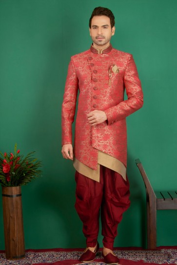 Embroidered Pink Jacquard, Silk and Brocade Designer Indo Western