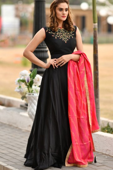 Admirable Black Silk Sequins Work Gown
