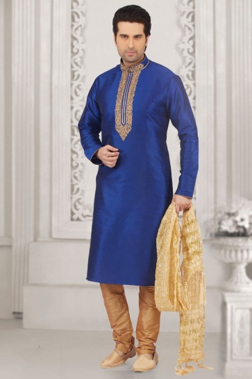 Desirable Blue Banarasi Silk Embroidered Kurta Pajama