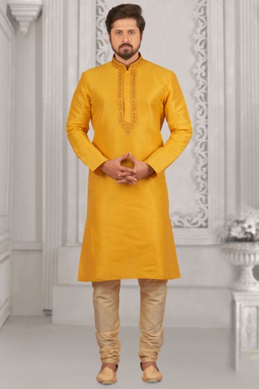Classic Yellow Banarasi Silk Embroidered Designer Kurta Pajama
