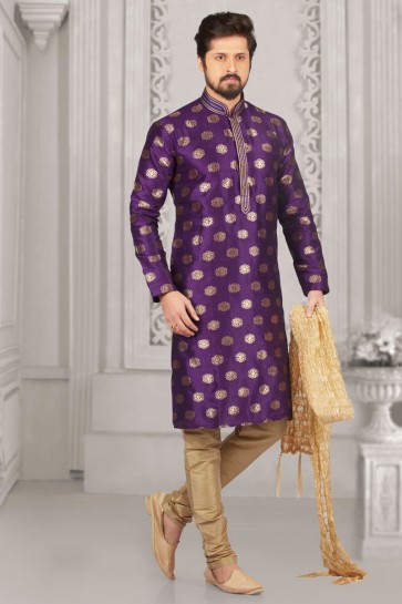 Desirable Purple Jacquard and Silk Kurta Pajama