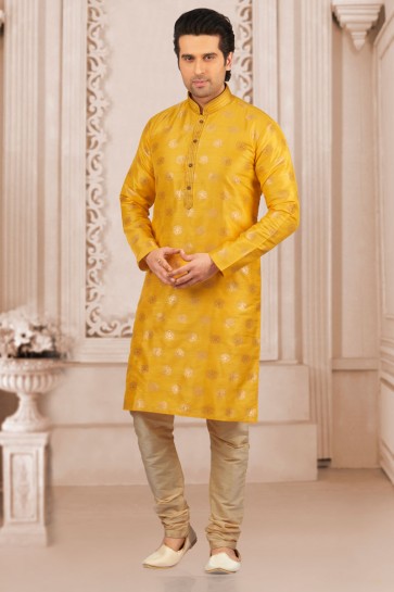 Yellow Jacquard and Silk Kurta Pajama