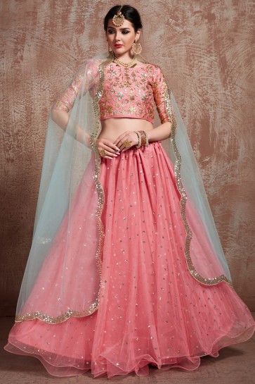 Graceful Pink Sequins Work And Zari Work Lehenga Choli With Net Dupatta