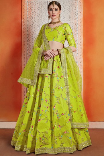 Solid Light Green Thread Work And Zari Work Art Silk Lehenga Choli With Net Dupatta