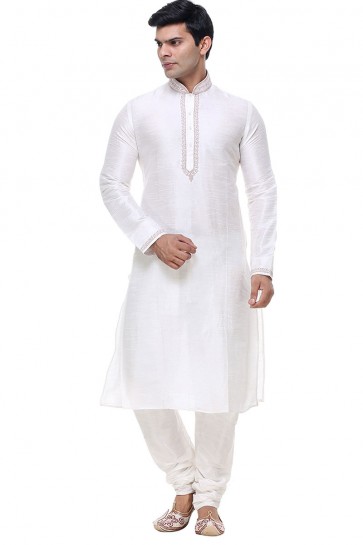 Desirable White Silk Designer Thread Work Kurta Pajama