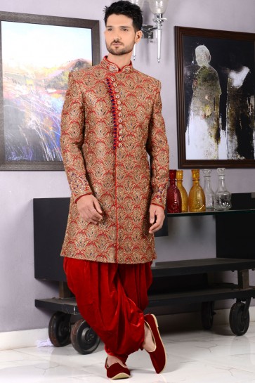 Stylish Red Jacquard Designer Wedding Sherwani