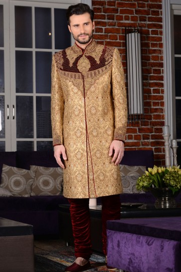 Admriable Golden Jacquard Embroidered Sherwani