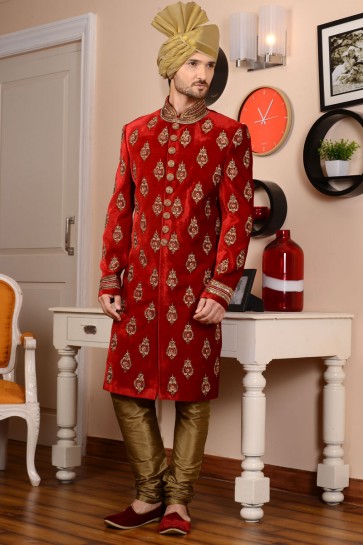 Stylish Red Velvet Embroidered Sherwani