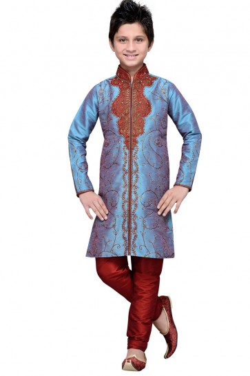 Turquoise Art Silk Designer Kurta Pajama