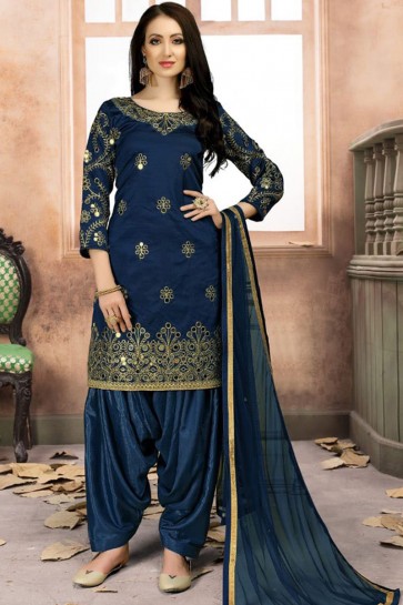 Classic Blue Silk Embroidered Patiala Salwar Suit