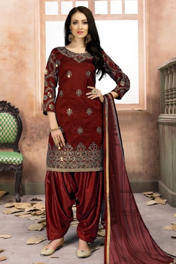 Excellent Maroon Silk Embroidered Patiala Salwar Suit