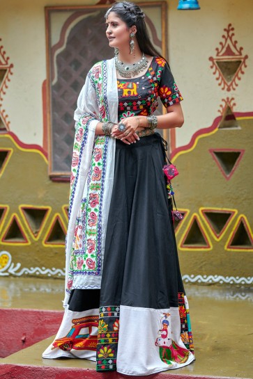 Navratri Special Black And White Resham Embroidered And Mirror Work Stylish Cotton Lehenga Choli